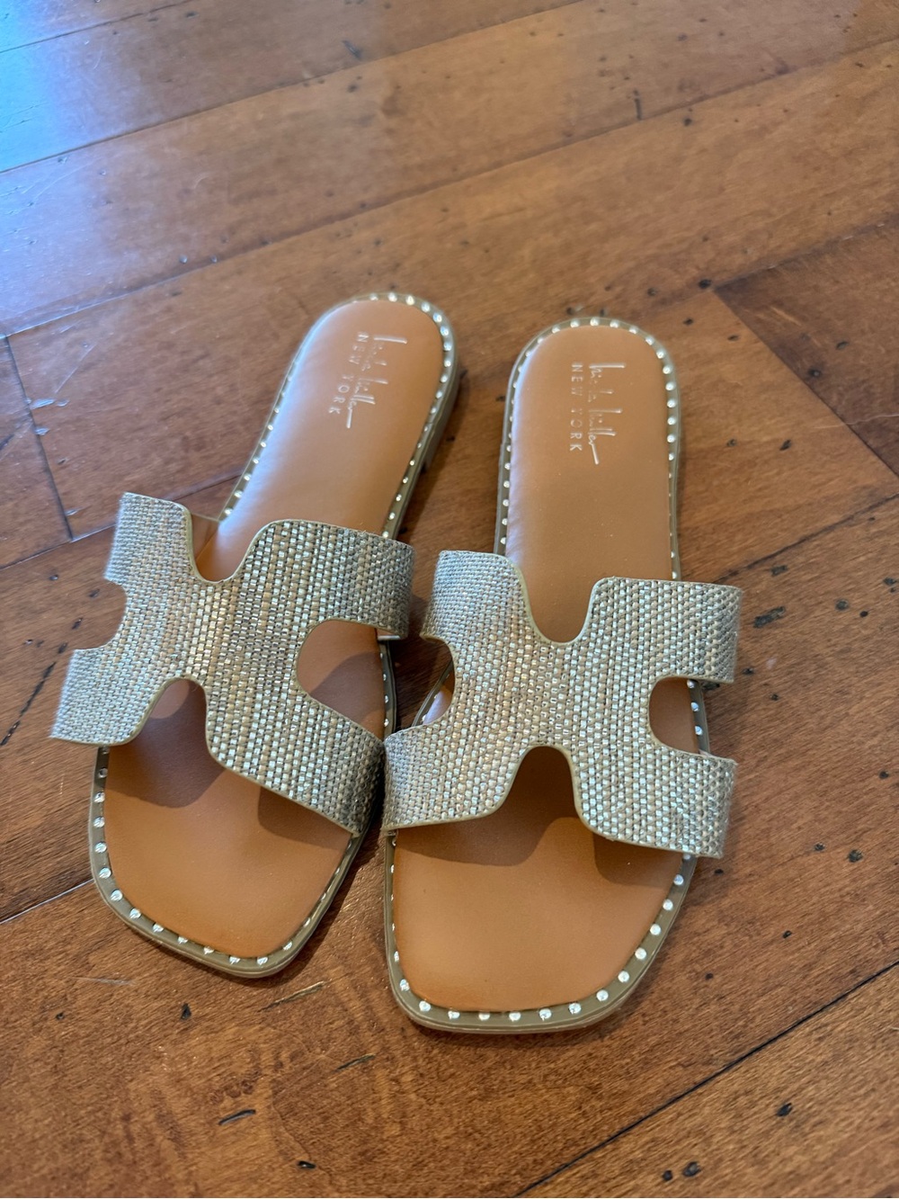 Nicole Miller Metallic Gold Woven Slide Sandals